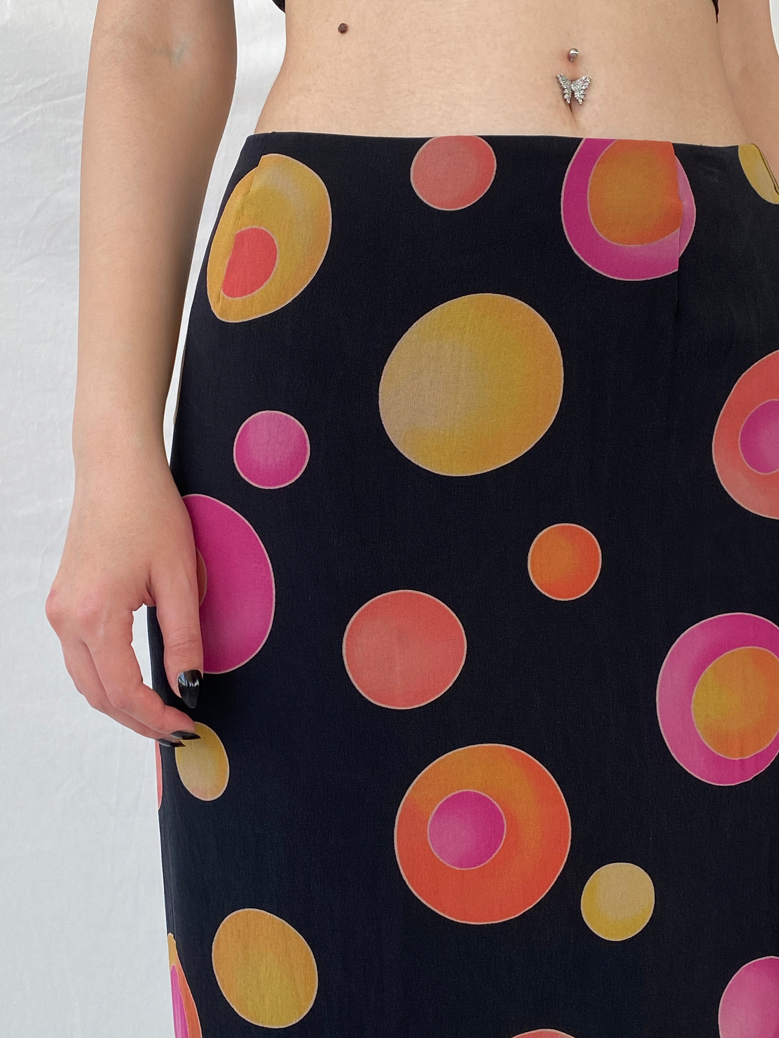 Vintage 1990s Louis Féraud Silk Dot Midi Black Groovy Skirt with Colorful Circles and Side Slits - M
