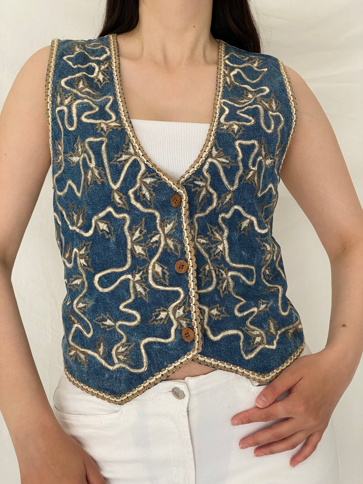 Vintage Agapo Embroidered Denim Vest Blue Cotton Boho Tie Back Waistcoat - M Vintage Agapo Embroidered Denim Vest Blue Cotton Boho Tie Back Waistcoat - M