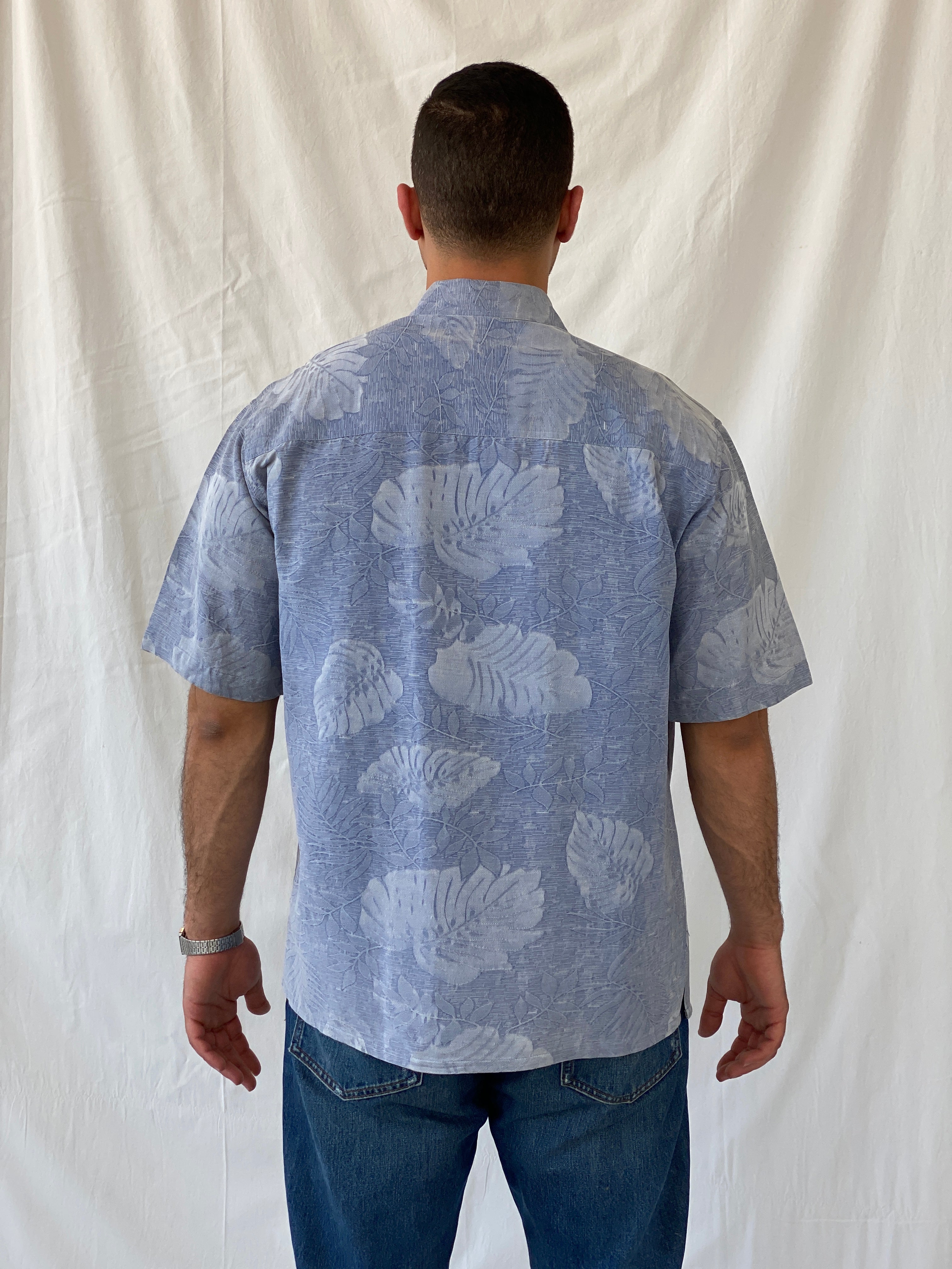Island Republic Floral Blue Hawaiian Men’s Short Sleeve Silk Shirt - L