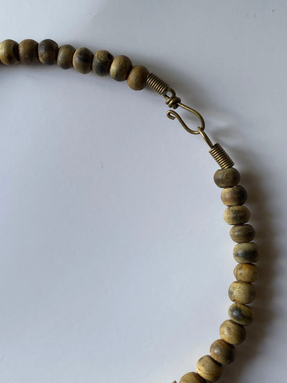 Vintage Boho Ethnic Wood Brass Statement Necklace
