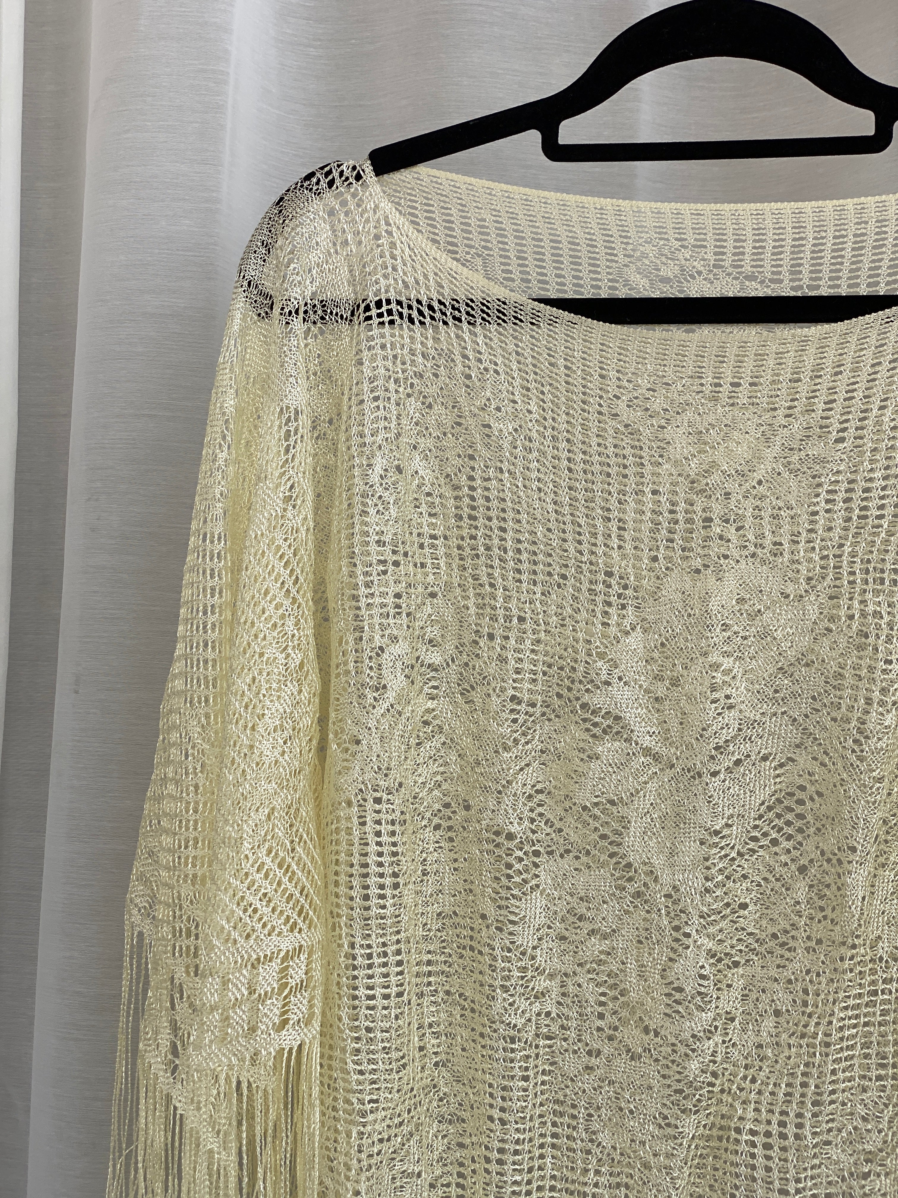 Cream Crochet Fringe Shawl – Boho Poncho Style Open Knit Wrap