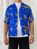 Vintage Y2K Dragon Print Short Sleeve Button Up Men’s Blue Shirt - L