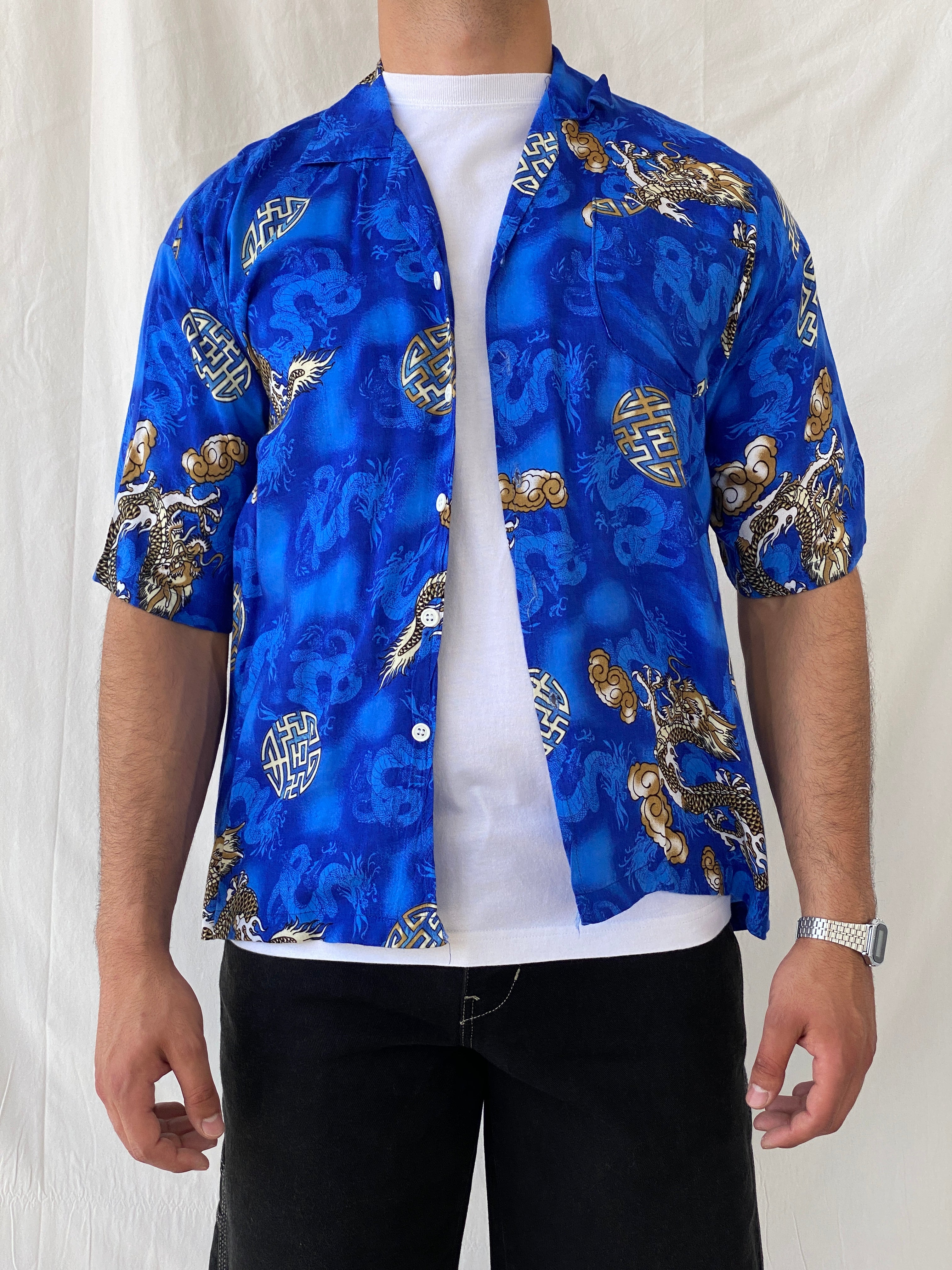 Vintage Y2K Dragon Print Short Sleeve Button Up Men’s Blue Shirt - L