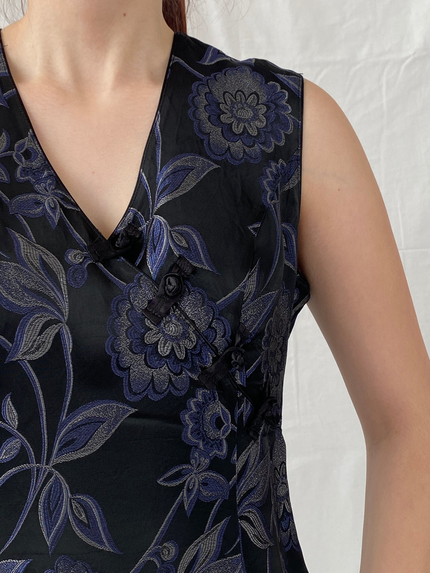 Vintage TINTORETTO Black Blue Floral Sleeveless Wrap Blouse Chinese Brocade Top - L