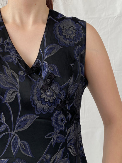 Vintage TINTORETTO Black Blue Floral Sleeveless Wrap Blouse Chinese Brocade Top - L