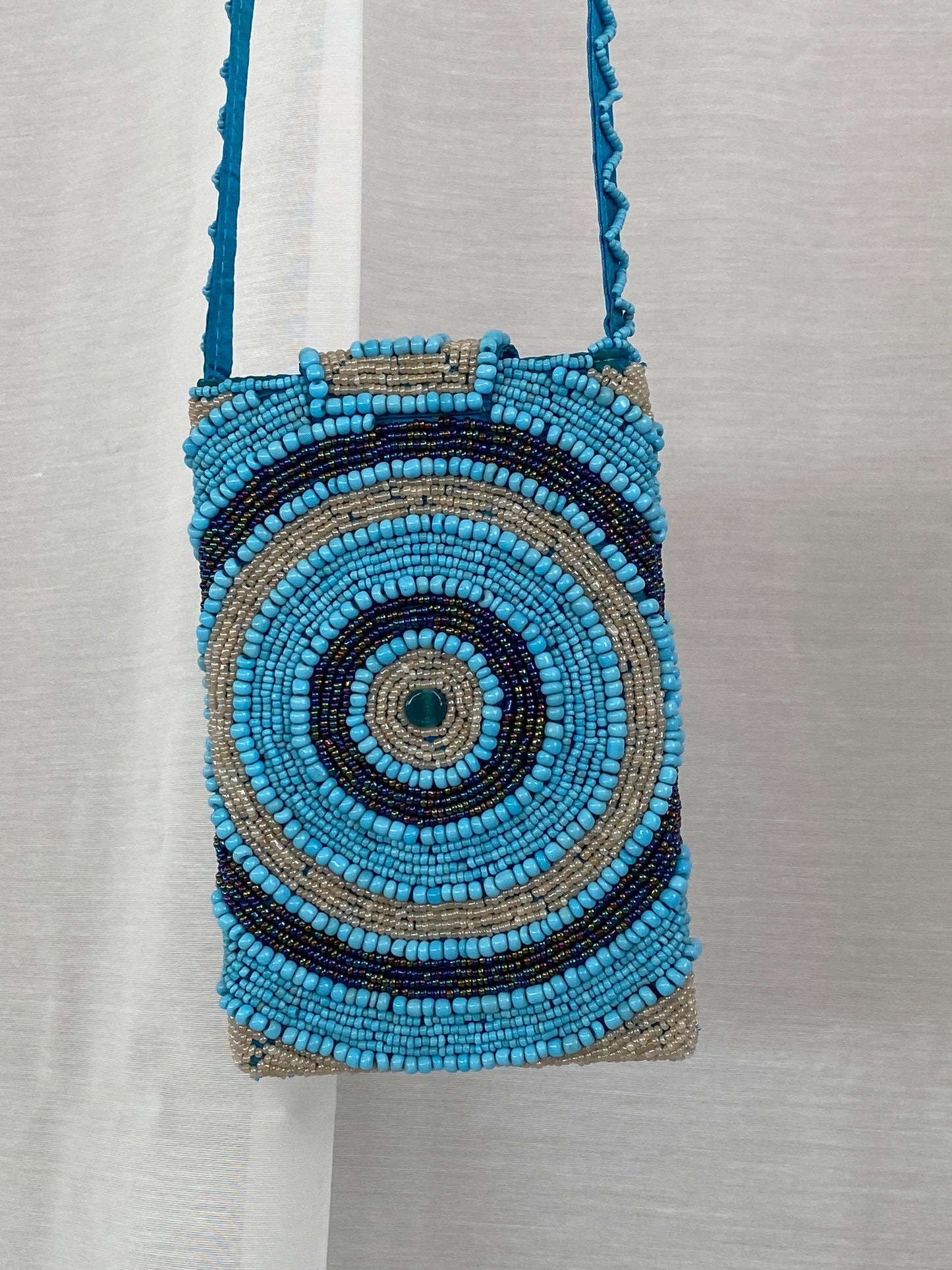 Blue Beaded Crossbody Bag Phone Holder