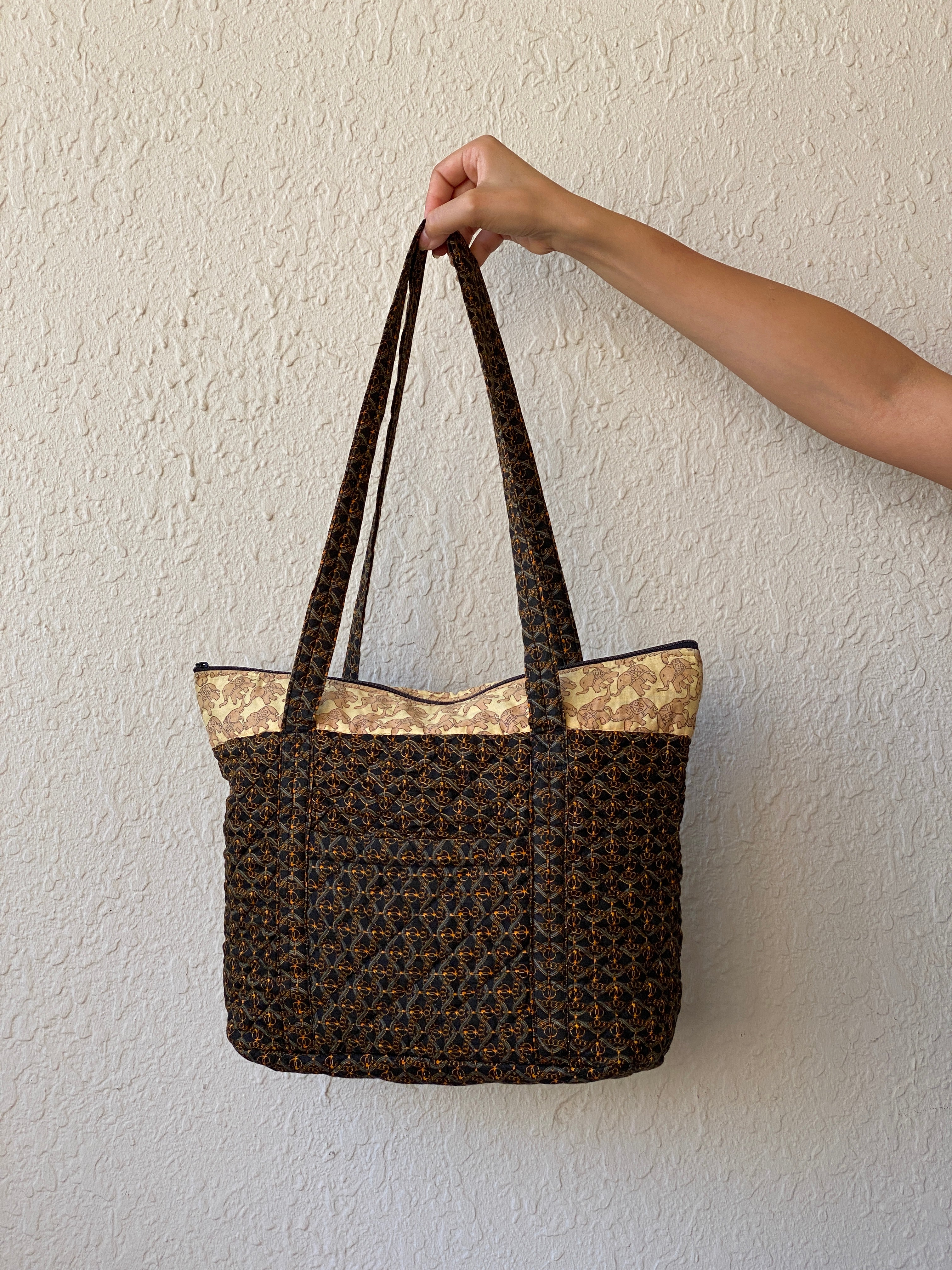 Vera Bradley Quilted Elephant Print Tote Bag Brown Shoulder Travel Bag