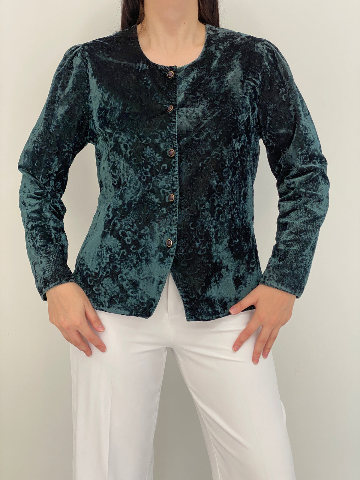 Vintage 90s Your Sixth Sense Teal Floral Crushed Velvet Button Blazer – L