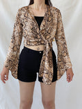 Vintage Delousion by Lou Snake Print Brown Beige Bell Sleeve Wrap Crop Top - S