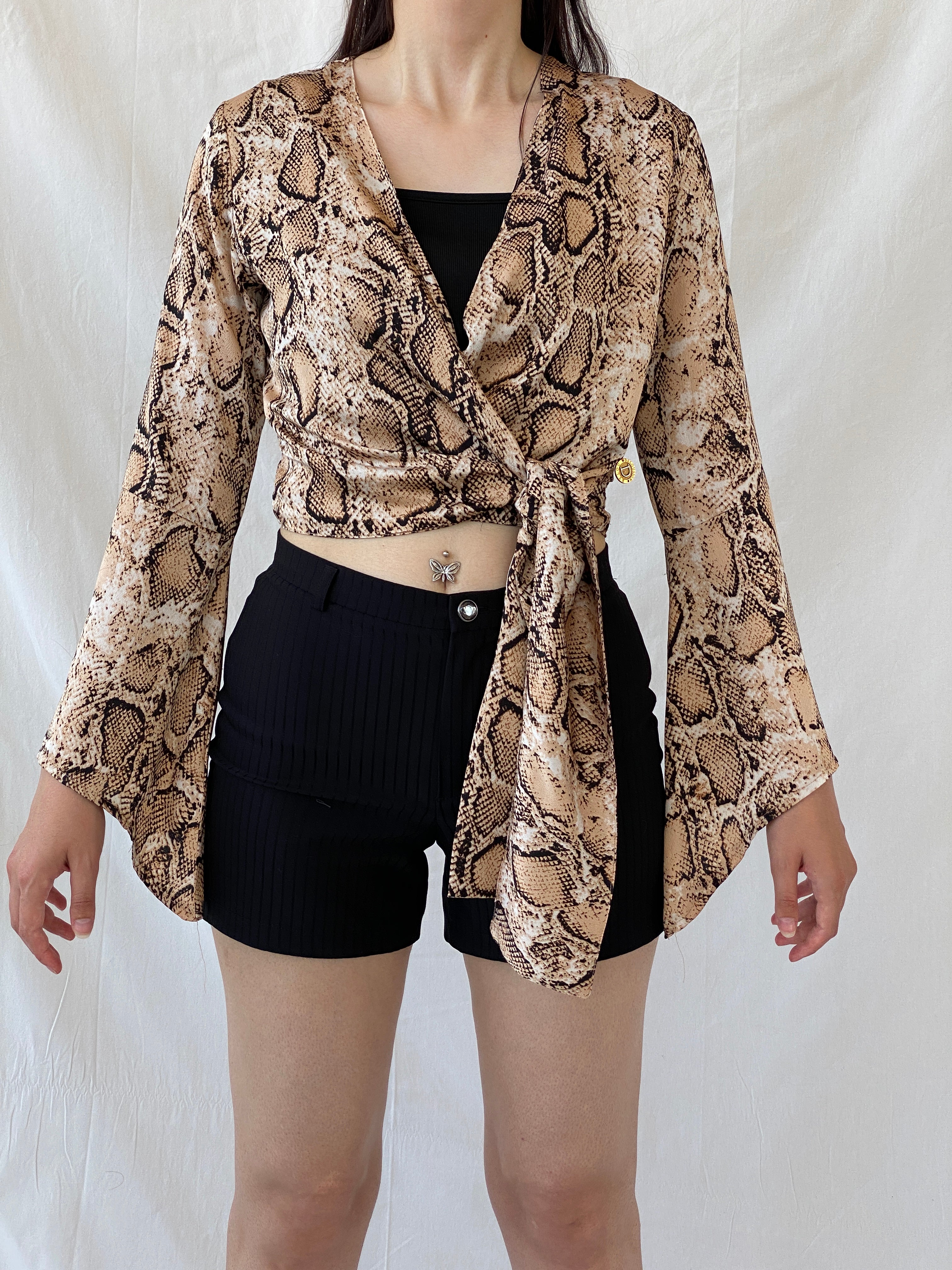 Vintage Delousion by Lou Snake Print Brown Beige Bell Sleeve Wrap Crop Top - S