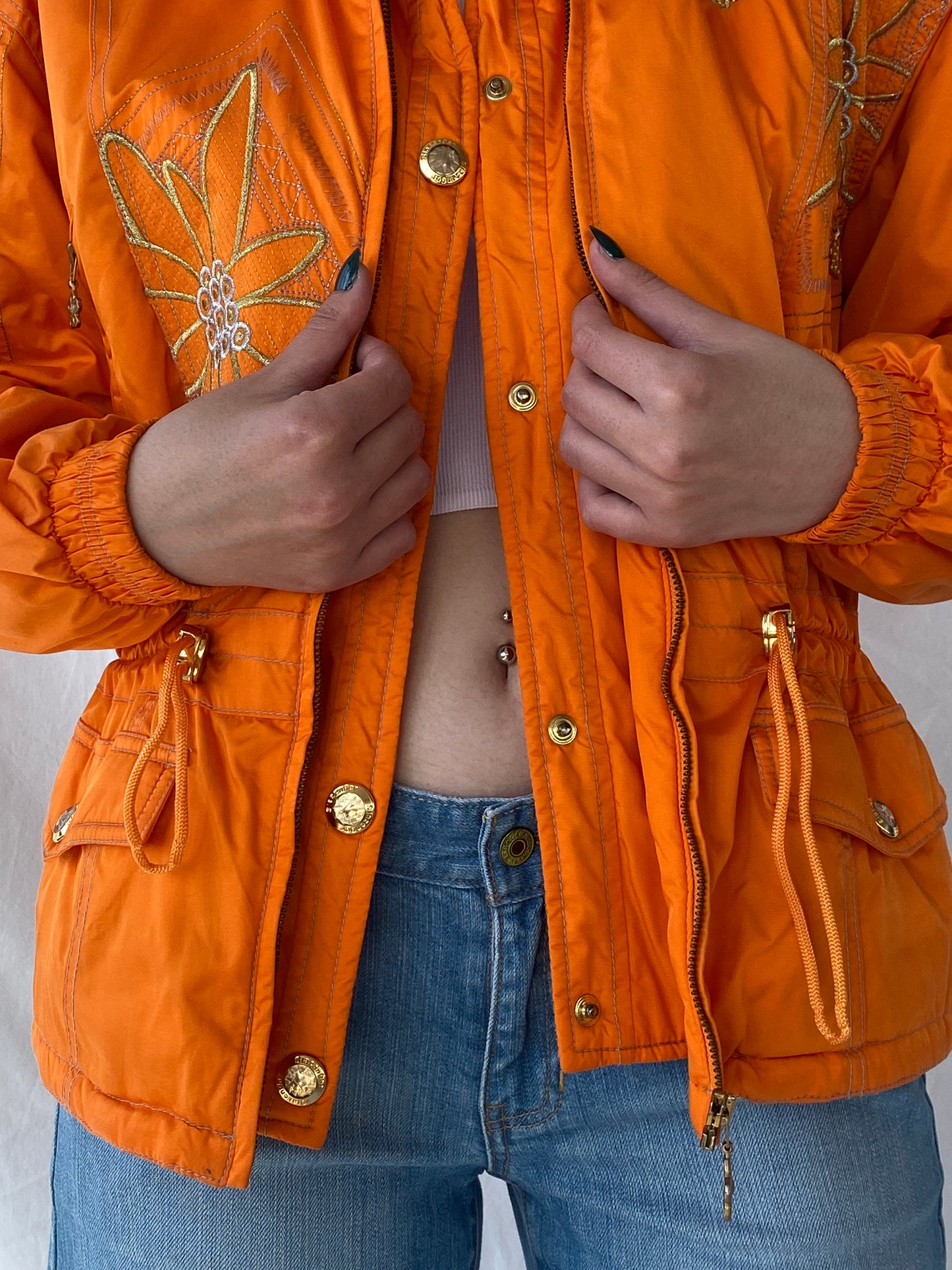 Vintage 80s/90s Slazenger Ski Orange Gold Floral Embellished Puffer Jacket - L