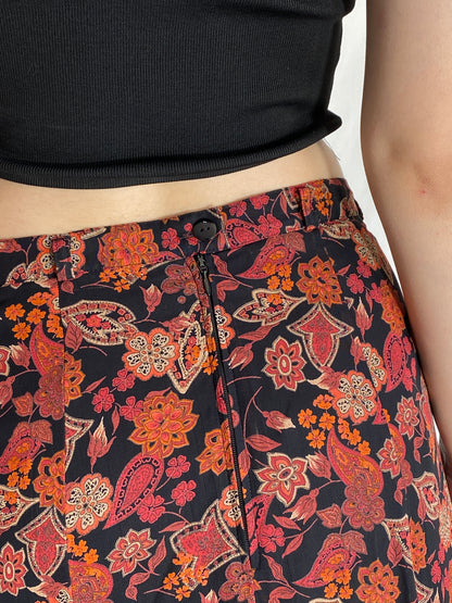 Vintage 90s Your 6th Sense Floral Red Black Paisley Boho Midi Skirt - L