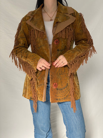 Vintage Dance Girl Fashion Western Fringe Faux Suede Jacket Boho Cowboy Statement Coat - XL