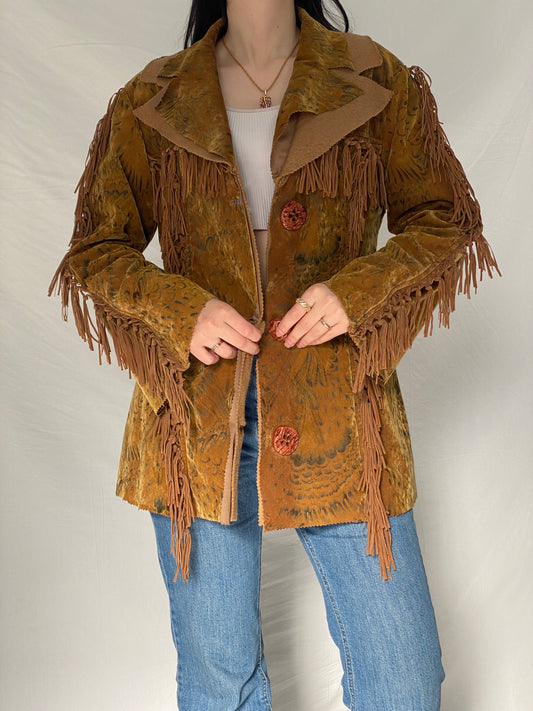 Vintage Dance Girl Fashion Western Fringe Faux Suede Jacket Boho Cowboy Statement Coat - XL