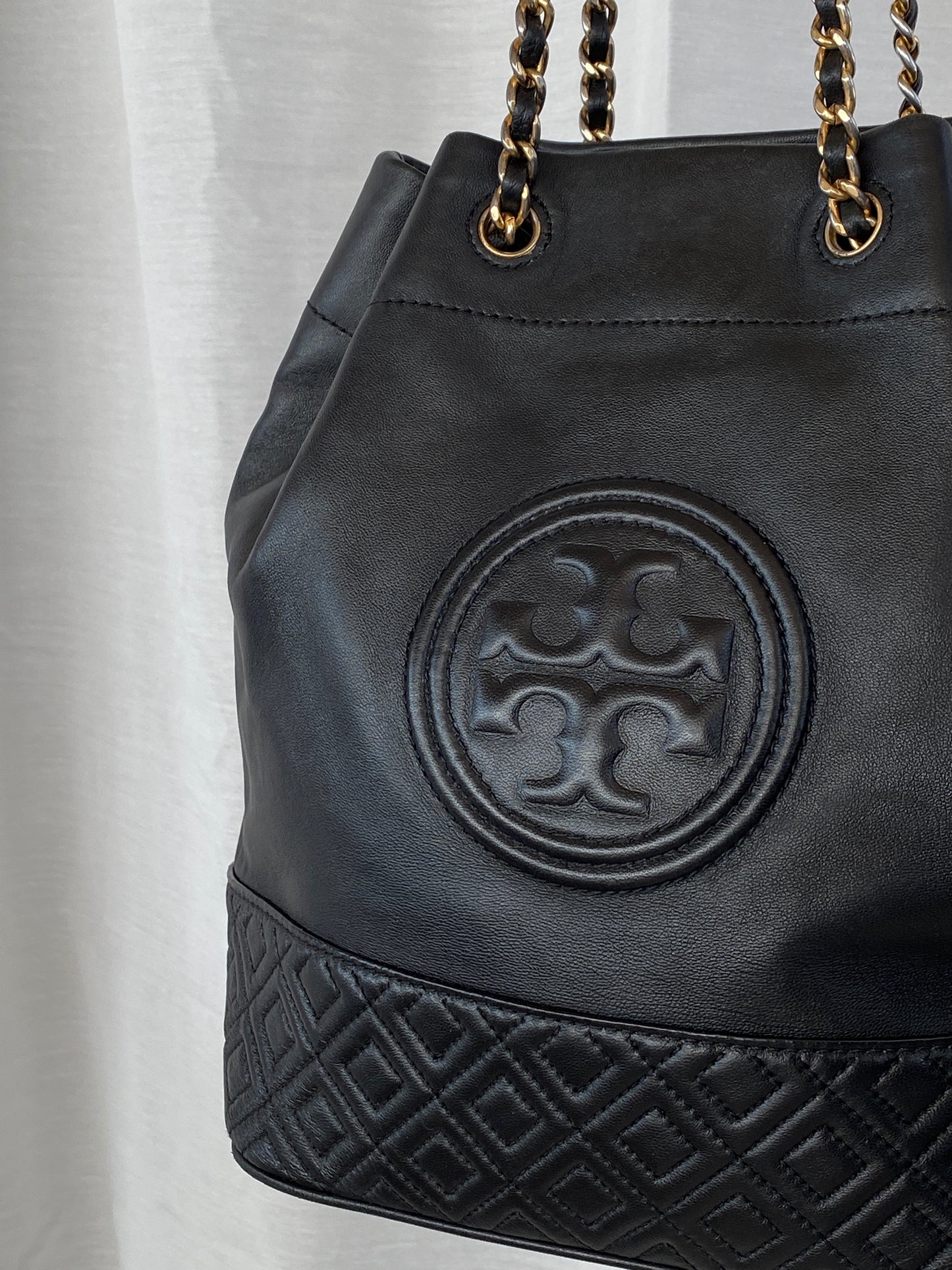 Tory Burch Black Leather Fleming Mini Bucket Chain Shoulder Bag