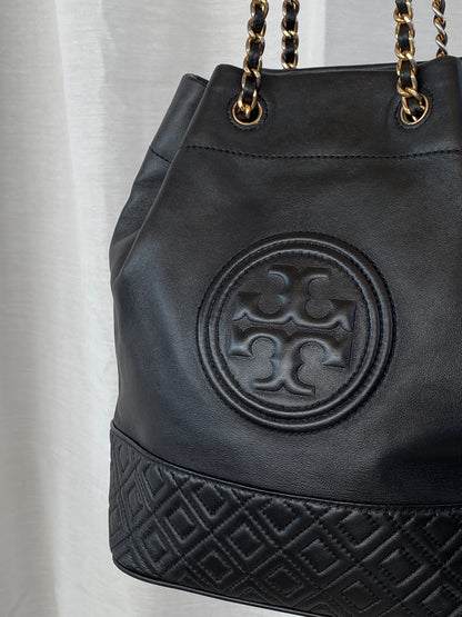 Tory Burch Black Leather Fleming Mini Bucket Chain Shoulder Bag