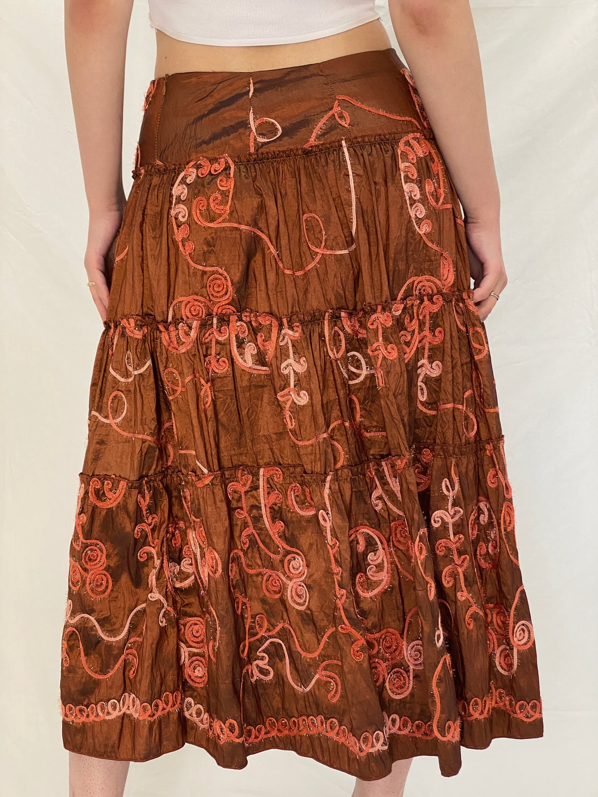 Vintage Over 16 Embroidered Metallic Brown Wrap Halter Top & Tiered Midi Skirt Co-ord Set - M Vintage Over 16 Embroidered Metallic Brown Wrap Halter Top & Tiered Midi Skirt Co-ord Set - M
