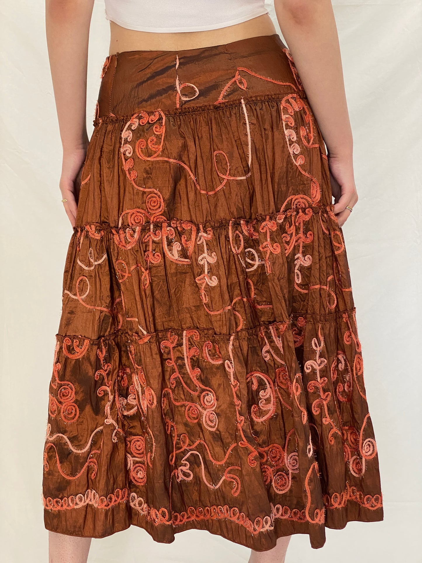Vintage Over 16 Embroidered Metallic Brown Wrap Halter Top & Tiered Midi Skirt Co-ord Set - M