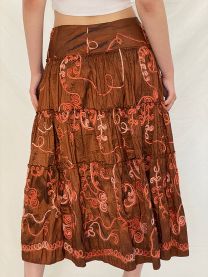Vintage Over 16 Embroidered Metallic Brown Wrap Halter Top & Tiered Midi Skirt Co-ord Set - M