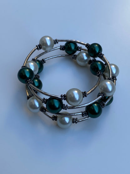 Vintage Silver-Tone Green & Ivory Faux Pearl Wire Wrap Multi-Strand Bracelet