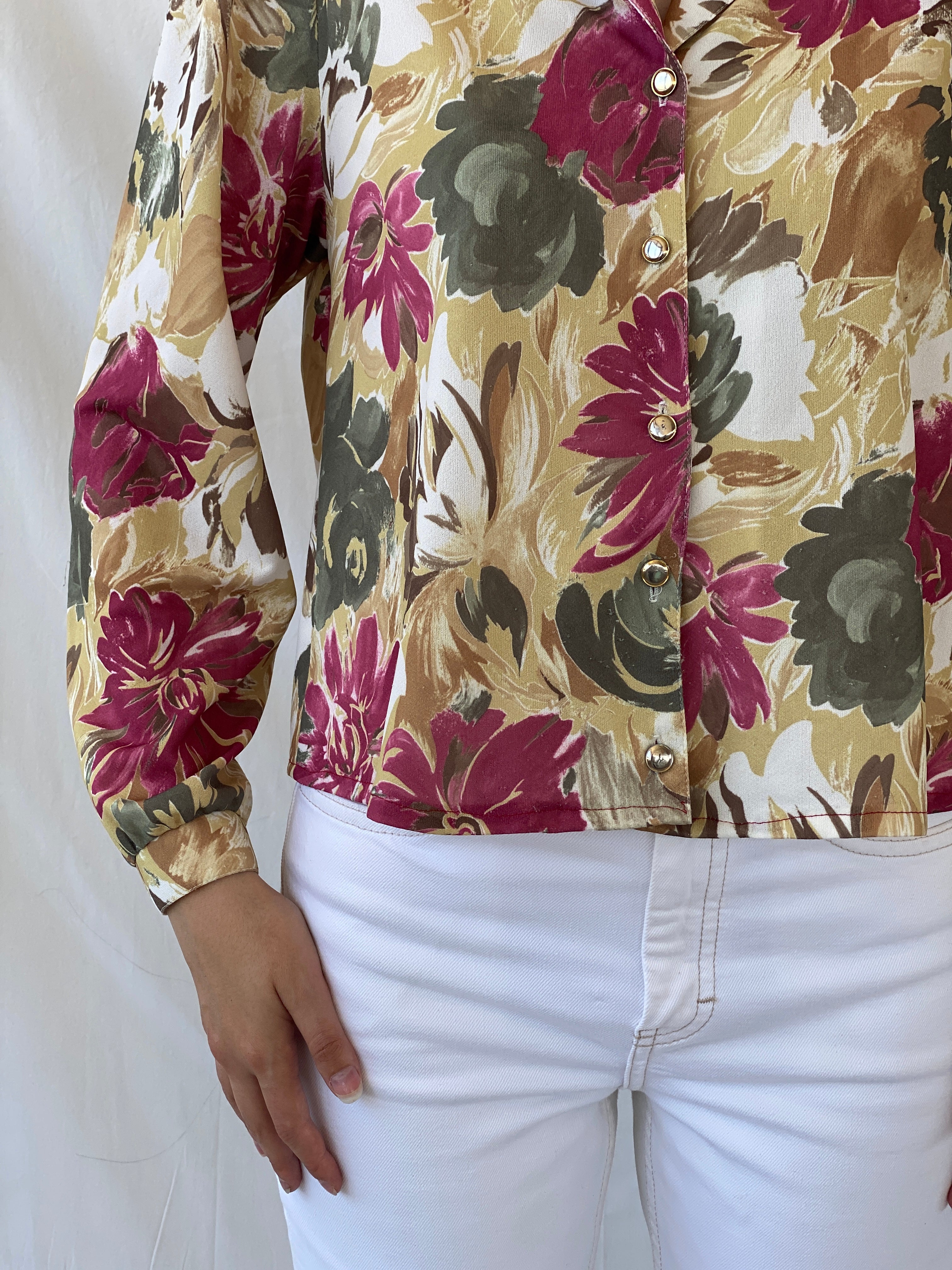 Vintage Colorful Floral Full Sleeve Button Up Office Shirt - L