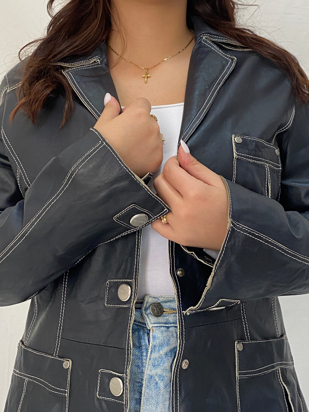 Vintage Betty Barclay Genuine Leather Jacket Dark Navy Contrast Stitch Blazer Style - L