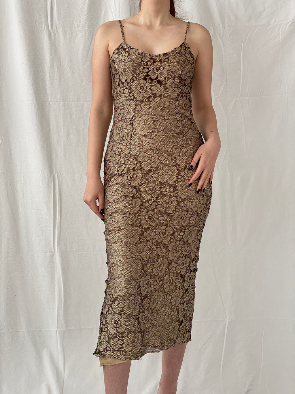 Vintage 90s Wallis Black Gold Lace Maxi Slip Dress with Back Slit - M