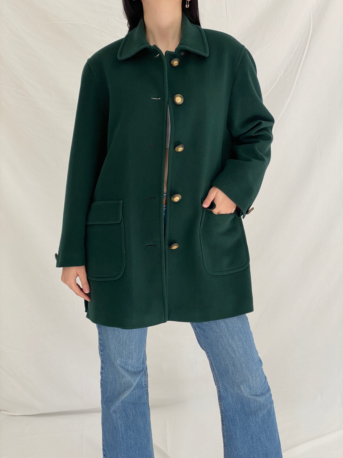 Vintage Viyella Green Wool Coat 90s Classic Tailored Wool Jacket, Minimalist Heritage Coat - L
