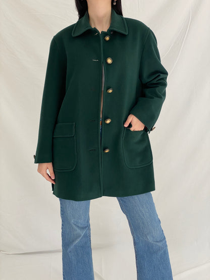 Vintage Viyella Green Wool Coat 90s Classic Tailored Wool Jacket, Minimalist Heritage Coat - L