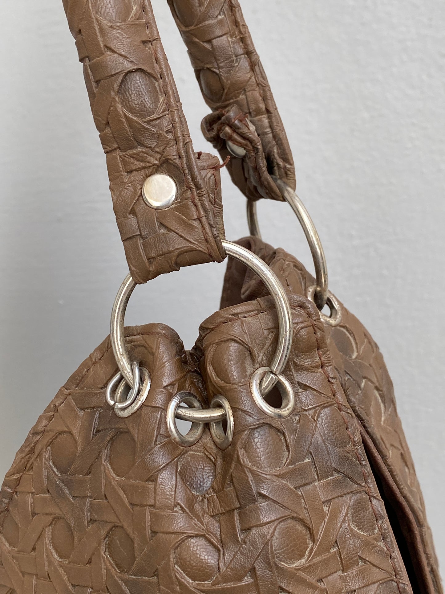 Vintage Y2K Brown Embossed Leather Hobo Bag Woven Texture Slouchy Shoulder Bag