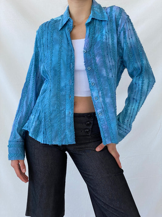 Vintage Tie-Dye Women’s Button Up Blue Sequin Cotton Shirt - M