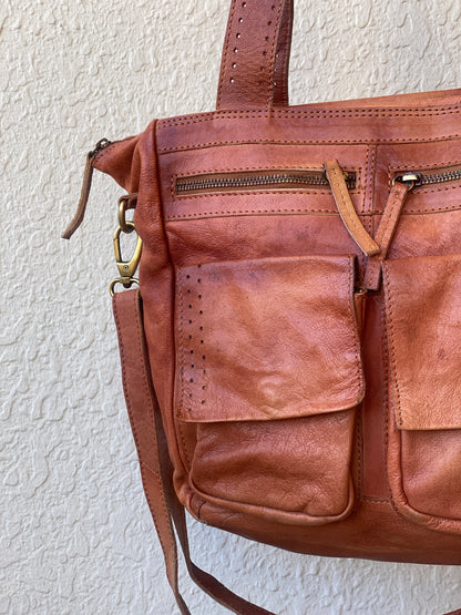 Vintage 5th Avenue Distressed Leather Multi-Pocket Convertible Tote Bag
