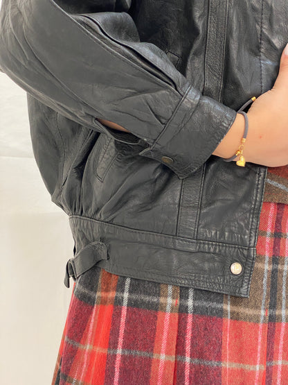 Vintage Black Genuine Leather Bomber Jacket - 90s Oversized Clip Front Moto Style - S