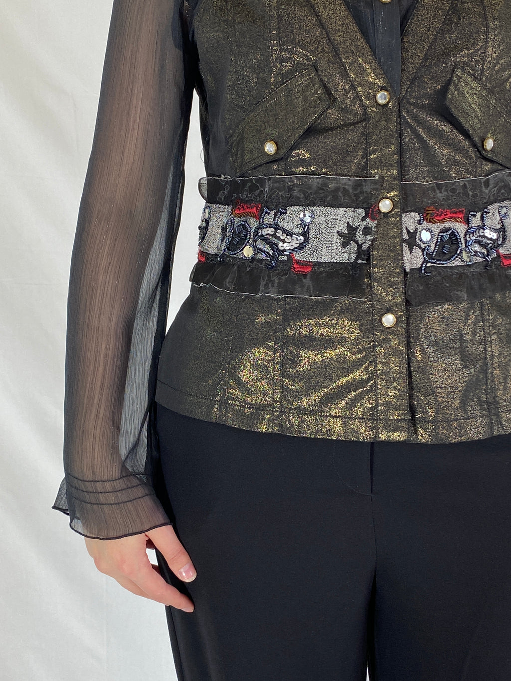 Vintage Farfalla Rosso Shimmery Whimsygoth Beaded Sheer Shirt Evening Top - XL