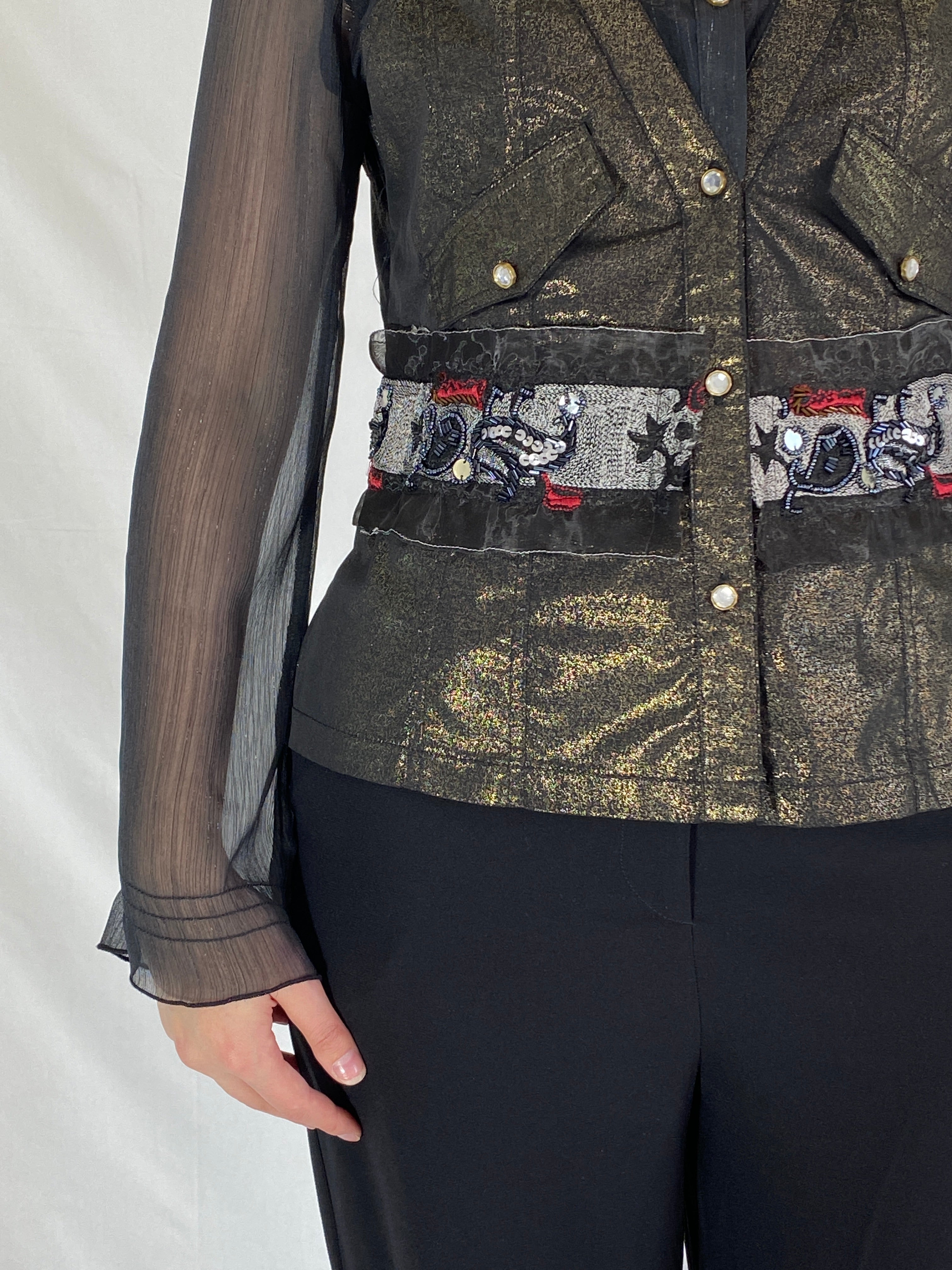 Vintage Farfalla Rosso Shimmery Whimsygoth Beaded Sheer Shirt Evening Top - XL