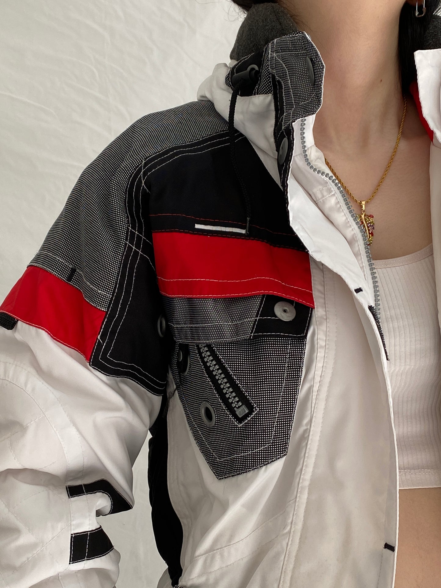 Vintage 90s Rodeo Colorblock Ski Jacket Retro White Black Red Windbreaker - S