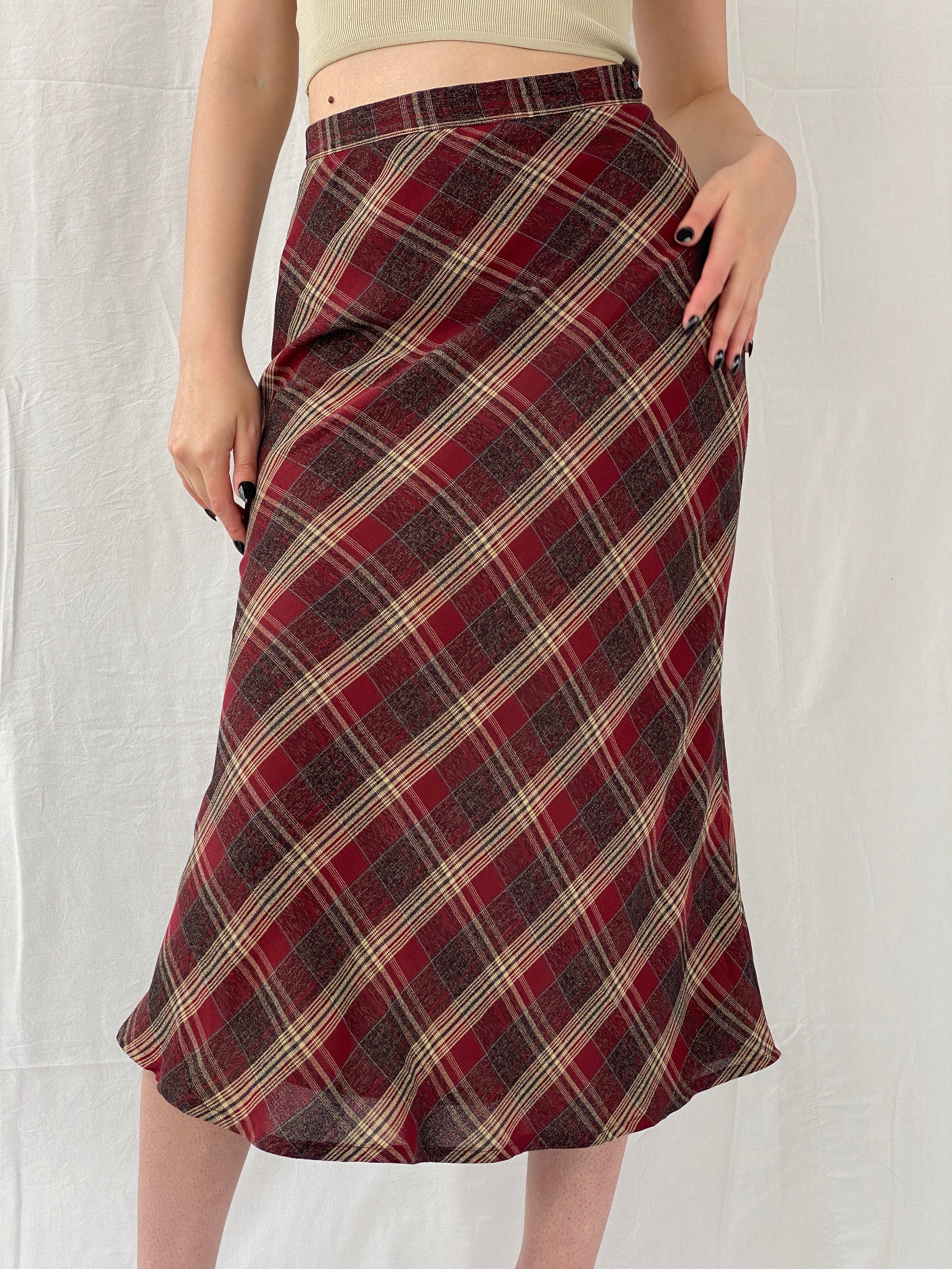 Vintage Handmade Maroon Plaid Flannel Tartan Midi Skirt - M