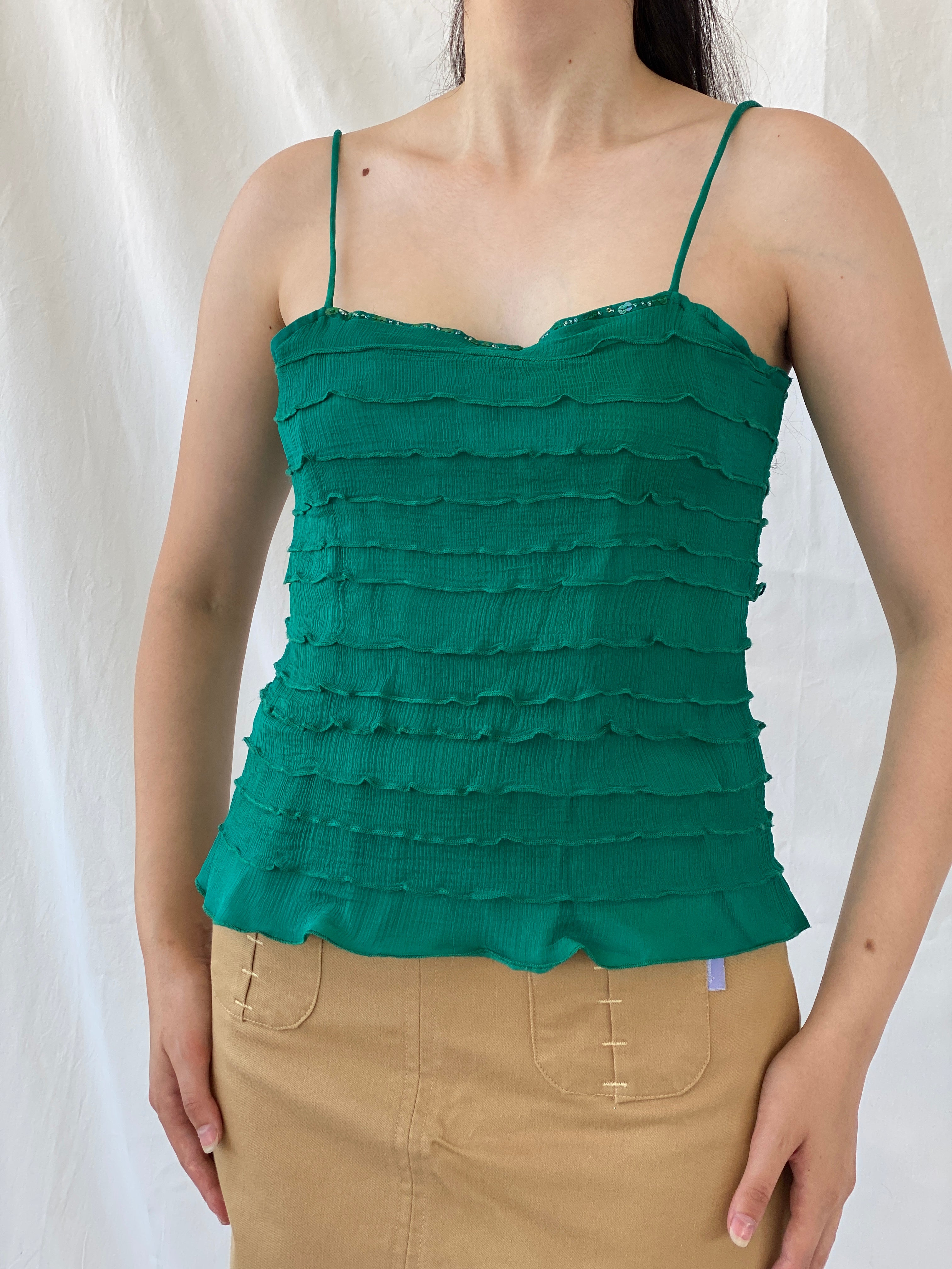 Vintage Wallis Green Ruffle Viscose Cami Top Y2K Party Camisole - L