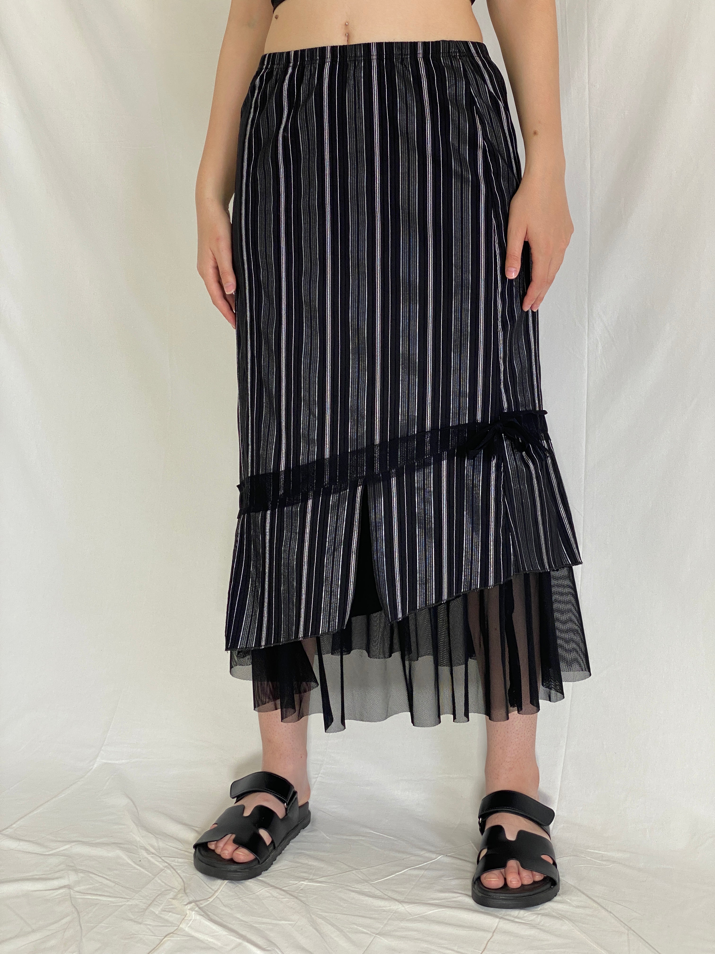 Vintage Wearhouse Black Silver Midi Striped Sheer Mesh Hem Whimsygoth Skirt - M