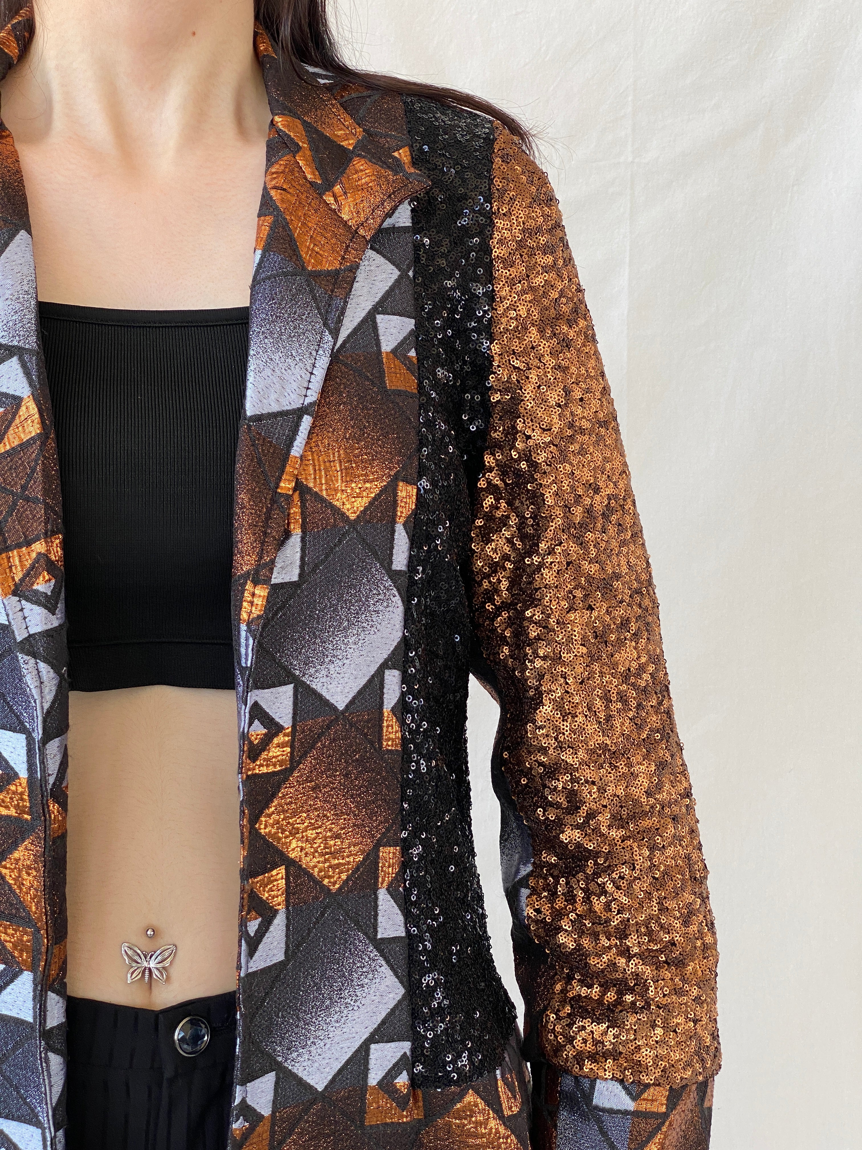 Vintage Geometric Sequin Blazer – Bronze, Black & Silver Statement Jacket - M