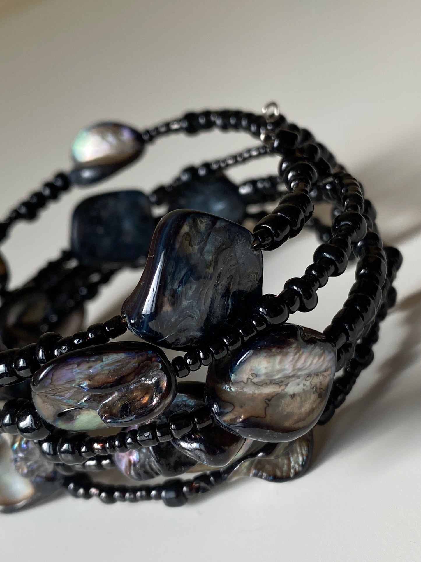 Vintage Y2K Black Beaded Wrap Bracelet with Shell Cabochon Stones Boho Statement Jewelry