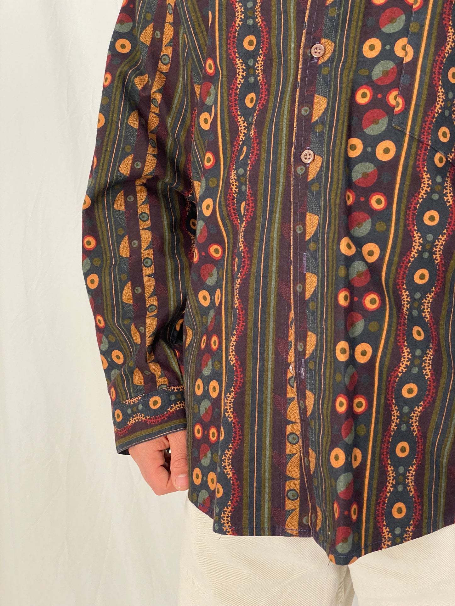 Vintage 90s Mekay Geometric Tribal Stripe Button Up Shirt Abstract Long Sleeve Oversized Fit - L