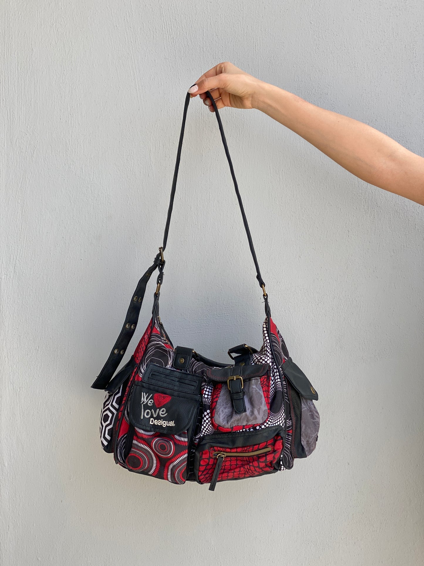 Vintage Y2K Desigual Patchwork Print Multi Pocket Shoulder Bag Boho Graphic Tote