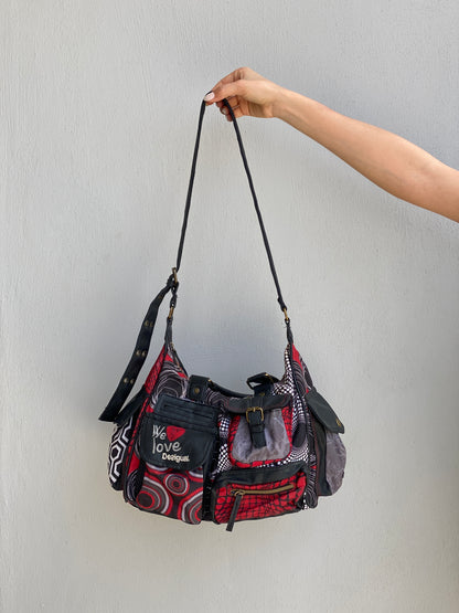 Vintage Y2K Desigual Patchwork Print Multi Pocket Shoulder Bag Boho Graphic Tote