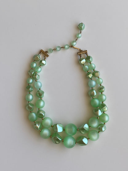Vintage 60s Coro Mint Green Lucite Double Strand Beaded Choker Necklace