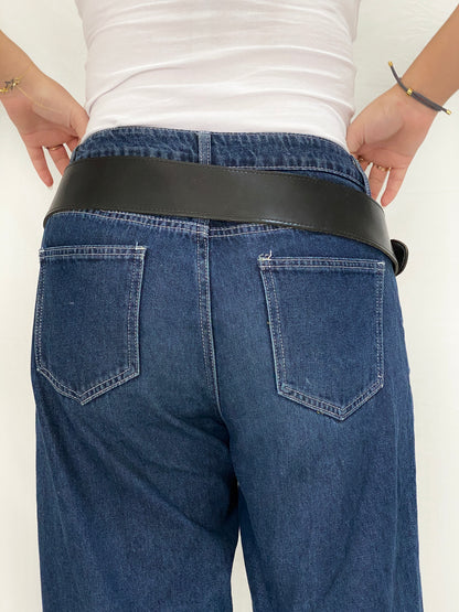 Vintage Black Wide Genuine Leather Belt Oversized Silver Ring Buckle Y2K Belt