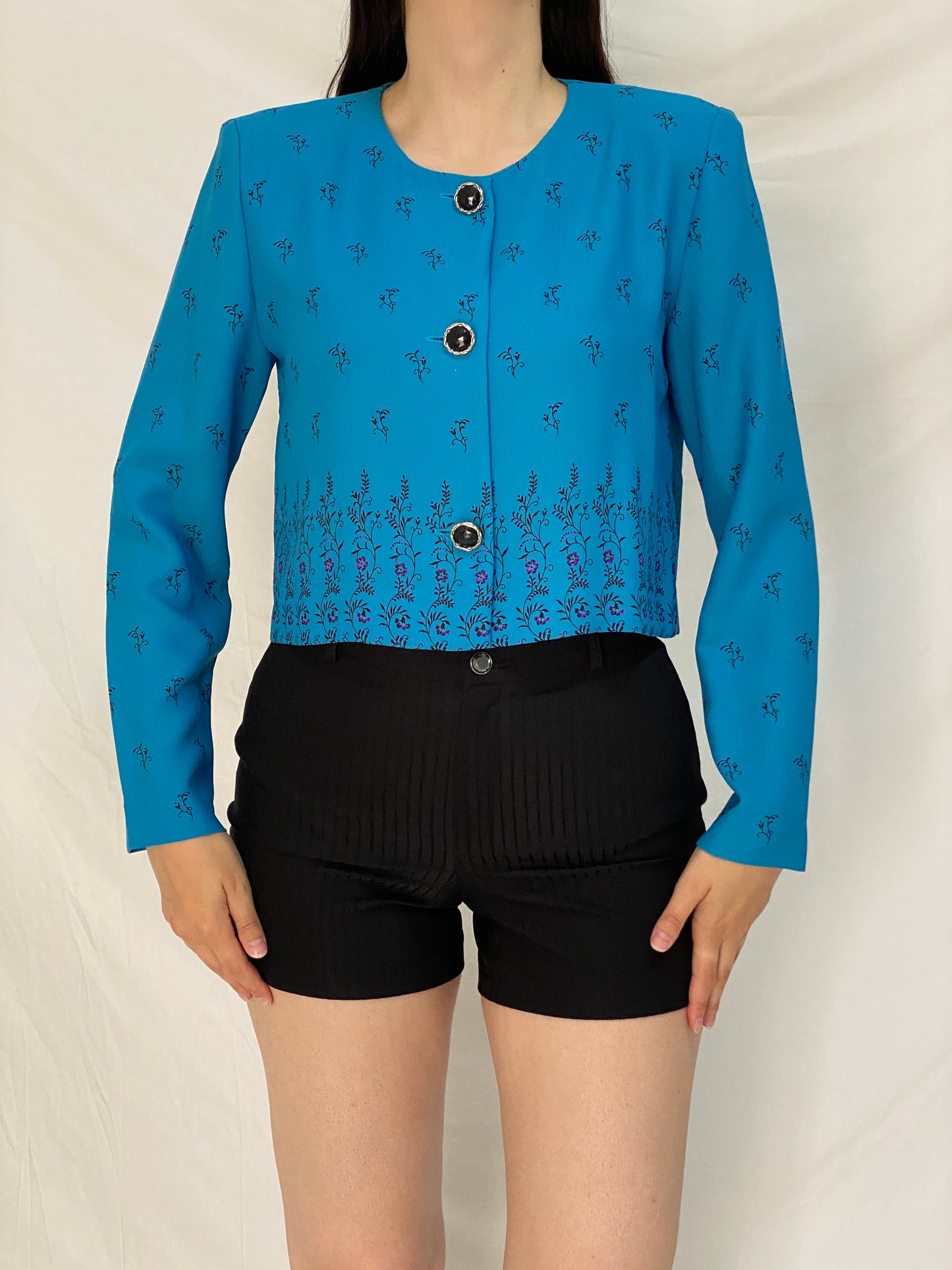 Vintage 90s Leslie Fay Blue Floral Cropped Light Evening Blazer – M