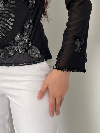 Vintage Poncho Black Mesh Beaded Sequin Butterfly Floral Top – S
