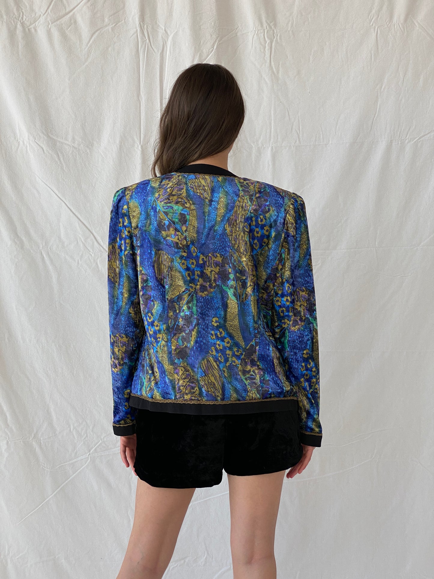 Statement Vintage Paisley Print Velvet Button Front Blazer - L