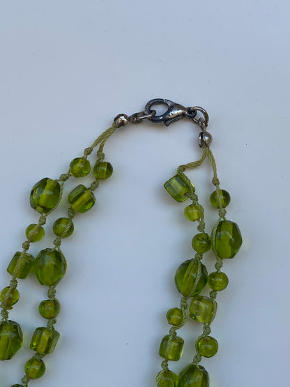 Vintage Green Glass Bead Double Strand Necklace with Statement Pendant Y2K Boho Jewelry